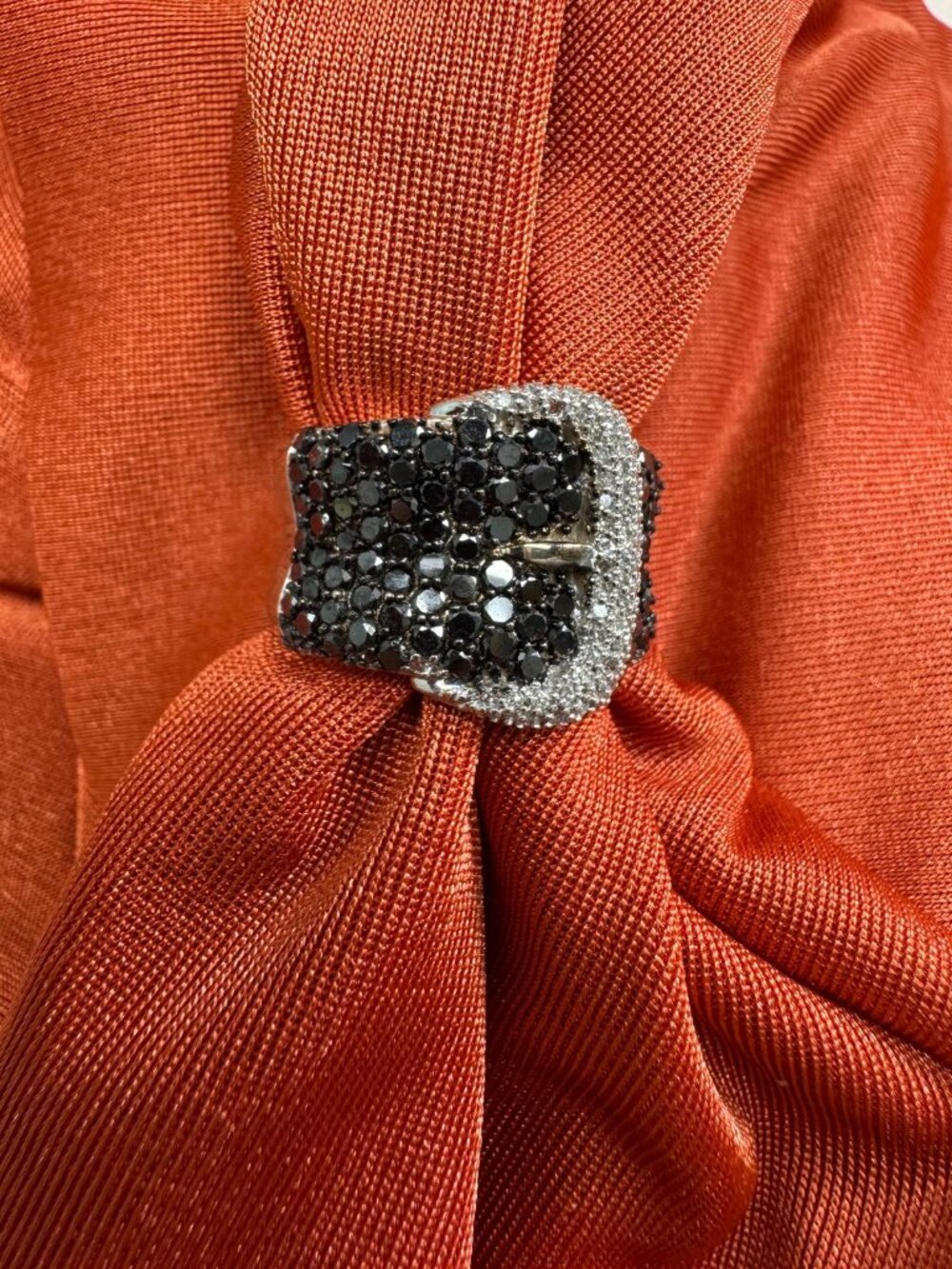 Ladies White Gold Ring with Buckle with Black and White Diamonds size 7.5